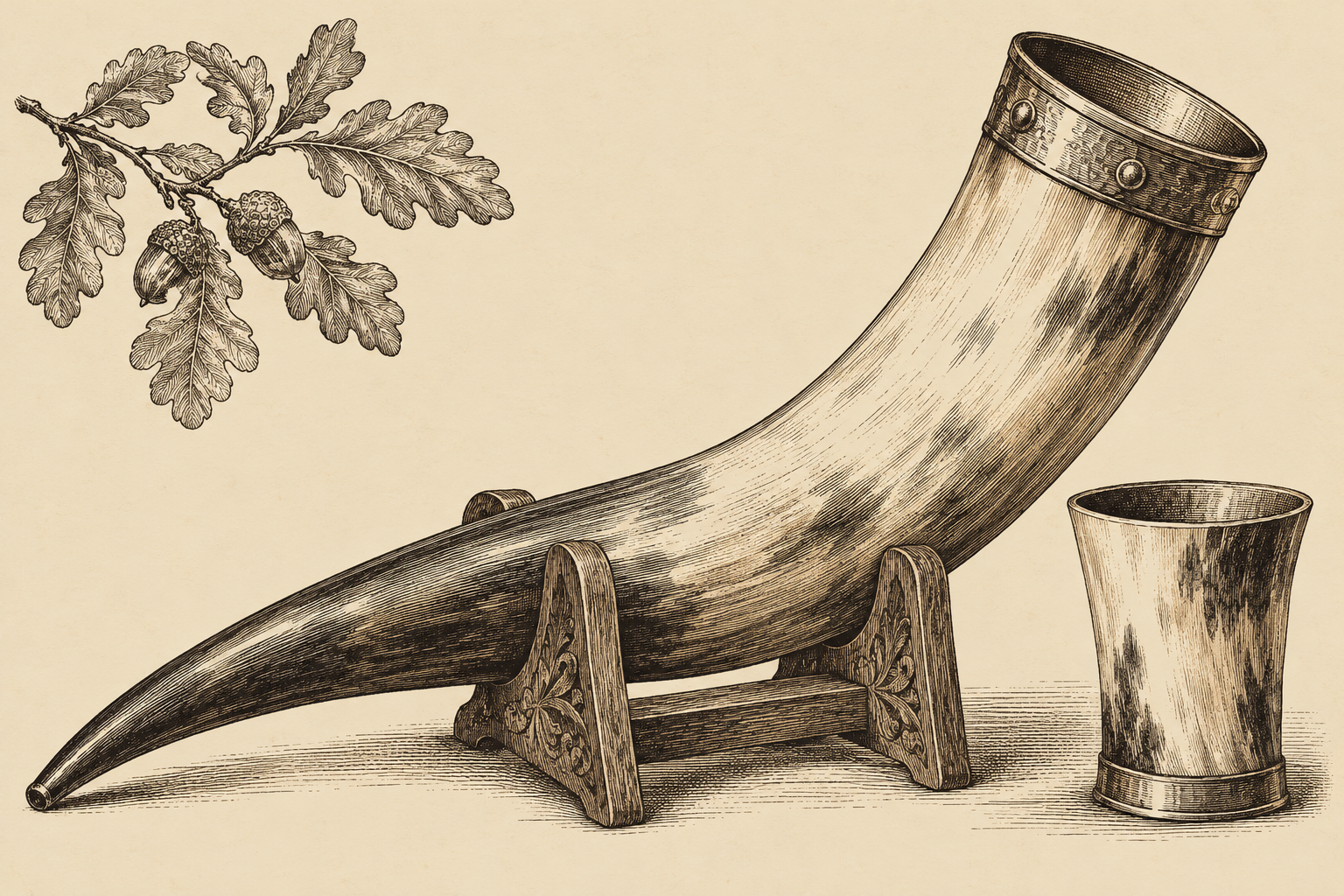Illustration eines Trinkhorns im Holzschnittstil mit Hornbecher